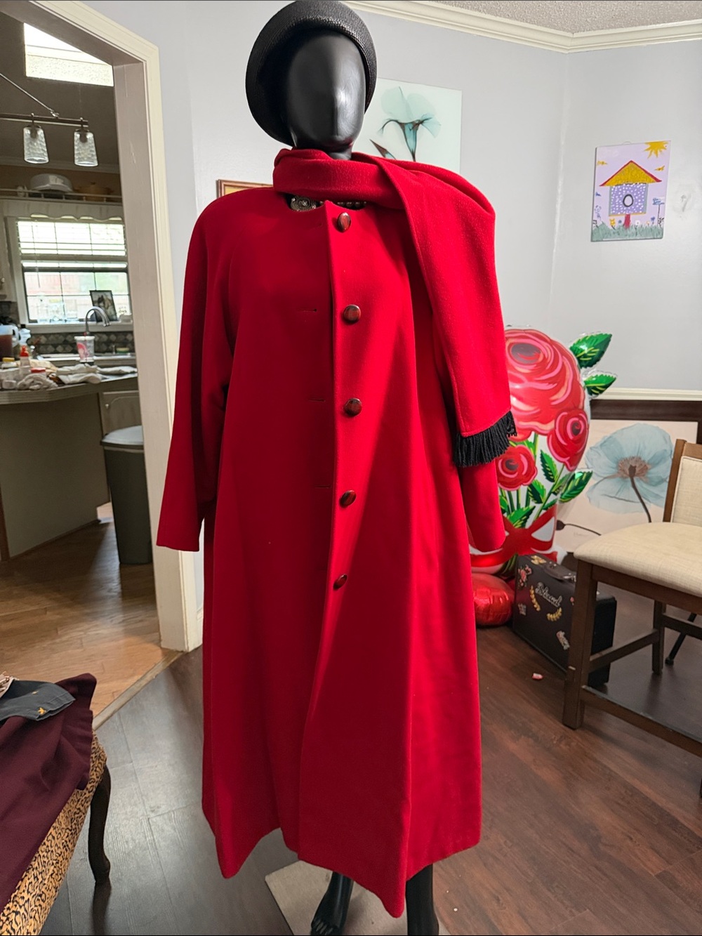 Women's Red Long Wool Coat with Matching Scarf